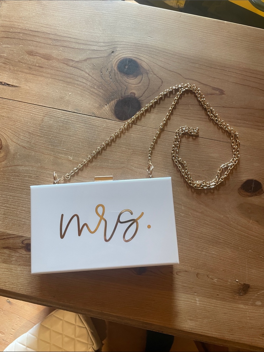 Mrs. White and Gold Bridal Clutch Purse with Chain